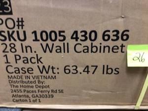 lot 126 image: Husky Ready-to-Assemble 23-Gauge Steel Wall Mounted Garage Cabinet in Red (28 in. W x 29 in. H x 12 in. D) not used