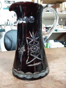 Vintage Red Glass 10 Etched Crystal Pitcher