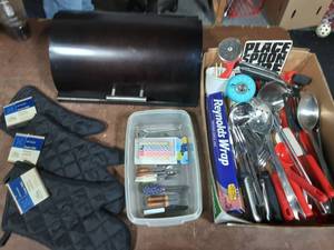 3-New Oven Mitts, Kitchen Utensils, Bread Box, Misc