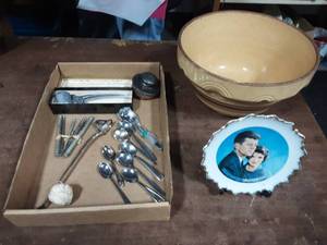 Vintage Pottery Bowl, Nut Crackers, Collector Spoons, JFK Plate With Stand