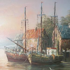 Original Art Acrylic Morning at the Wharf Signed Wisherman