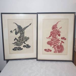 Thai Temple Rubbing on Rice Paper, Pair
