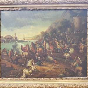 Antique Original Oil Painting European Battle signed M. B. Tallaur