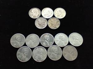 Mixed Coin Lot - 5 Silver Dimes and 9 Steel Pennies