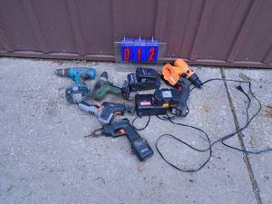 Assortment of cordless tools & chargers. Condition unknown. As shown.