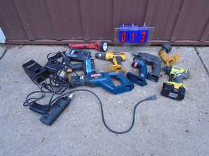 Assortment of cordless tools & chargers. Condition unknown. As shown.
