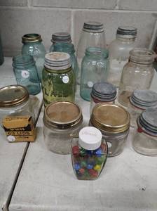 Collection of Vintage Mason Jars and Bottle of Marbles
