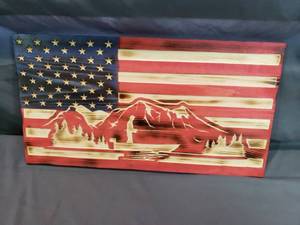 Fisherman and Mountains Wood Burned CNC American Flag