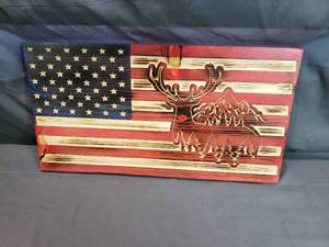 Deer and Mountains Wood Burned CNC American Flag