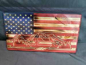 Fisherman and Mountains Wood Burned CNC American Flag