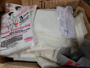 4 Boxes of Various Sizes of Fabric, Quilting and Clothing Supplies