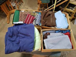 4 Boxes of Various Sizes of Fabric, Quilting and Clothing Supplies