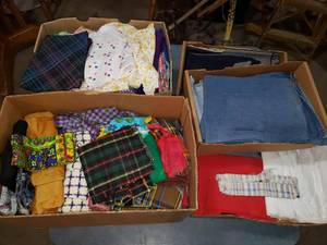 Boxes of Various Sizes of Fabric, Quilting and Clothing Supplies