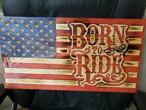 Born to Ride Wood Burned CNC American Flag