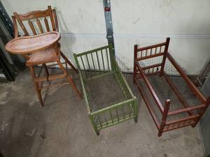 Wooden High Chair and Doll Cribs