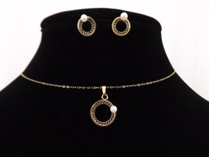 lot 111 image: 14k Yellow Gold Genuine Pearl Filigree Hoop Pendant, Necklace, Earrings Set