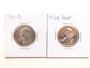 lot 144 image: 1958 D and Proof US Silver Washington Quarters