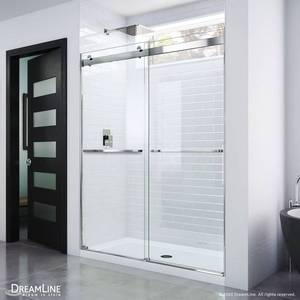 lot 113 image: DreamLine Essence 56-60 in. W x 76 in. H Frameless Bypass Shower Door in Chrome. SHDR-GLP6301-607608. Stock Photo is of the Door We Think It Is.