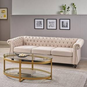 lot 115 image: Parksley 84.75 in. Beige Solid Fabric 3-Seat Chesterfield Sofa with Removable Cushions - Open Carton, May have damage.