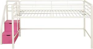 lot 128 image: DHP Junior Twin Metal Loft Bed with Storage Steps, Space-Saving Solution, Multifunctional, White with Pink Steps Junior Loft Bed, Pink - Damaged carton may be missing parts.