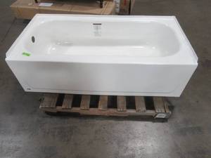 lot 114 image: Bootz Aloha AFR 60 in. Left Drain Raised Outlet Rectangular Alcove Soaking Bathtub in White, 011-3673-00. May have tried to be repairedinstalled.