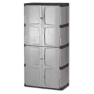 lot 224 image: Rubbermaid 72 in. H x 36 in. W x 18 in. D Gray Resin Full Double Door Cabinet - Open Carton. May be missing parts.