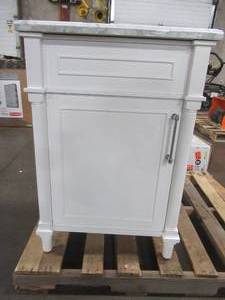 lot 227 image: Home Decorators Collection Aberdeen 24 in. W x 20 in. D Vanity in White with Natural Marble Vanity Top in White with White Basin - Top Cracked.
