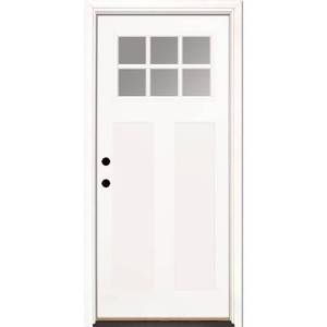 lot 240 image: Feather River 36 in. x 80 in. 6 Lite Clear Craftsman Unfinished Smooth Right-Hand Inswing Fiberglass Prehung Front Door. - Slight Scratch and Dent.