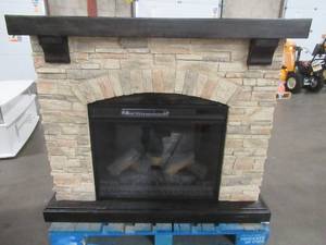 lot 239 image: Home Decorators Collection. Pembroke 50 in. Freestanding Faux Stone Infrared Electric Fireplace in Tan with Mantel, 147465.