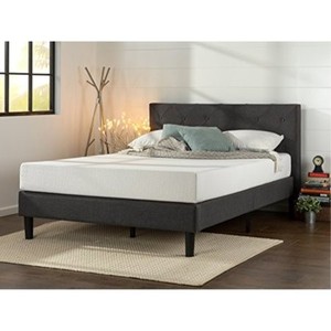 lot 136 image: ZINUS Shalini Upholstered Platform Bed Frame, No Box Spring Needed, Dark Grey, Queen, FDPB-Q - Carton Damage.