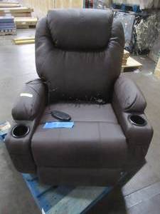 lot 263 image: Walnew Swivel Rocker Recliner with Massage and Heat, Brown Faux Leather, T-LR9M0SP8 - Missing Power Supply - RH Arm Needs to be reattached..
