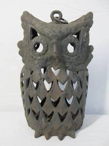 lot 3 image: Vintage Japanese Pierced Cast Iron Owl Lantern