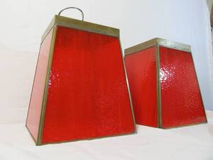 lot 21 image: Matching Pair of Vintage Textured Red Slag Glass & Brass Pendant Lamps