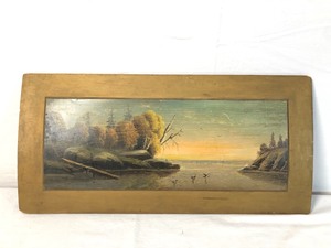 lot 6 image: Antique Landscape Painting on Carved Wood Panel - Shroom Lake, New York