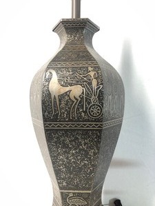 lot 116 image: Large Mid Century Brass & Mixed Metal Table Lamp wGreek Style Motif