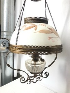 lot 118 image: Antique Victorian Hanging Parlor Lamp wHand Painted Glass Shade 
