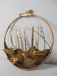 lot 60 image: Signed 3D Hammered Copper Wall Sculpture wDucks