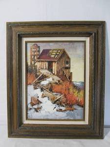 lot 81 image: Excellent Vintage Framed Signed Oil on Board Old Cabin Painting by Lawrence Harris