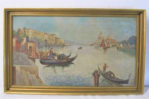lot 83 image: Framed Signed Antique Oil on Canvas Venetian Canal Scene Painting