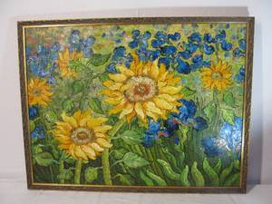 lot 122 image: Framed Original Van Gogh Style Golden Sunflower Painting