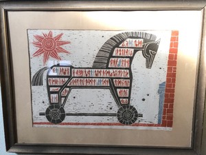lot 98 image: Hand Signed Mid Century Beware of Greeks Hand Signed Lithograph by Listed Artist Joan Drew