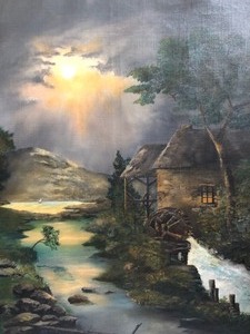 lot 137 image: Framed Signed Antique Oil on Canvas Moonlit River Mill Scene Painting