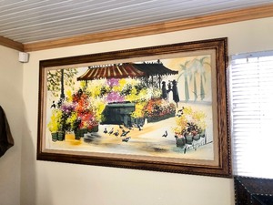 lot 147 image: Large Vintage Framed Signed Mid Century Flower Market Street Scene Oil Painting