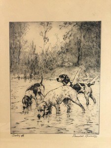 lot 156 image: Framed Vintage 1930s Percival Rousseau Dog Etching - Cooling Off