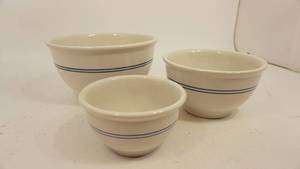 Set Of Three Everyday Gibson Mixing Bowls-Sm-Med.-Lg--Creamy White W Two Blue Stripes--Microwave Safe