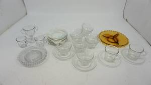 Miscellaneous Glassware--Cups, Saucers, Creamer, Amber Plate