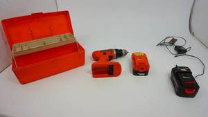 Black & Decker Battery Operated Drill-Black & Decker Charger-Orange Storage Case Or Fishing Tackle Box