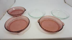 Three Pink Or Purple Glass Pie Plates-Two Clear Glass Pie Plates