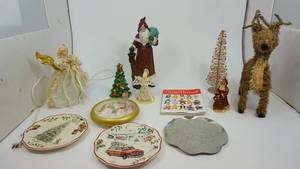 Two Ceramic Christmas Decorated Cookie Plates-One Silver Cookie Plate-Round Battery Operated Clock W 3 Snowman Family On It-Misc Other Items
