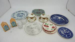 Bird House Salt & Pepper Shakers-Eight  Collectible Plates-Two  White China Cups & Saucers With Floral Design On Them-Ornate Glass Sugar & Creamer Set-